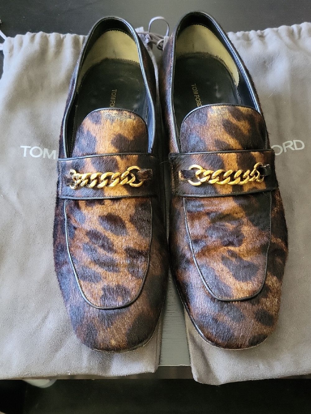 Tom Ford Brown and Black Leopard-Print Chain Loafers